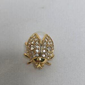 Vintage Napier Goldtone Rhinestone Faux Pearl Ladybug Brooch Pin
